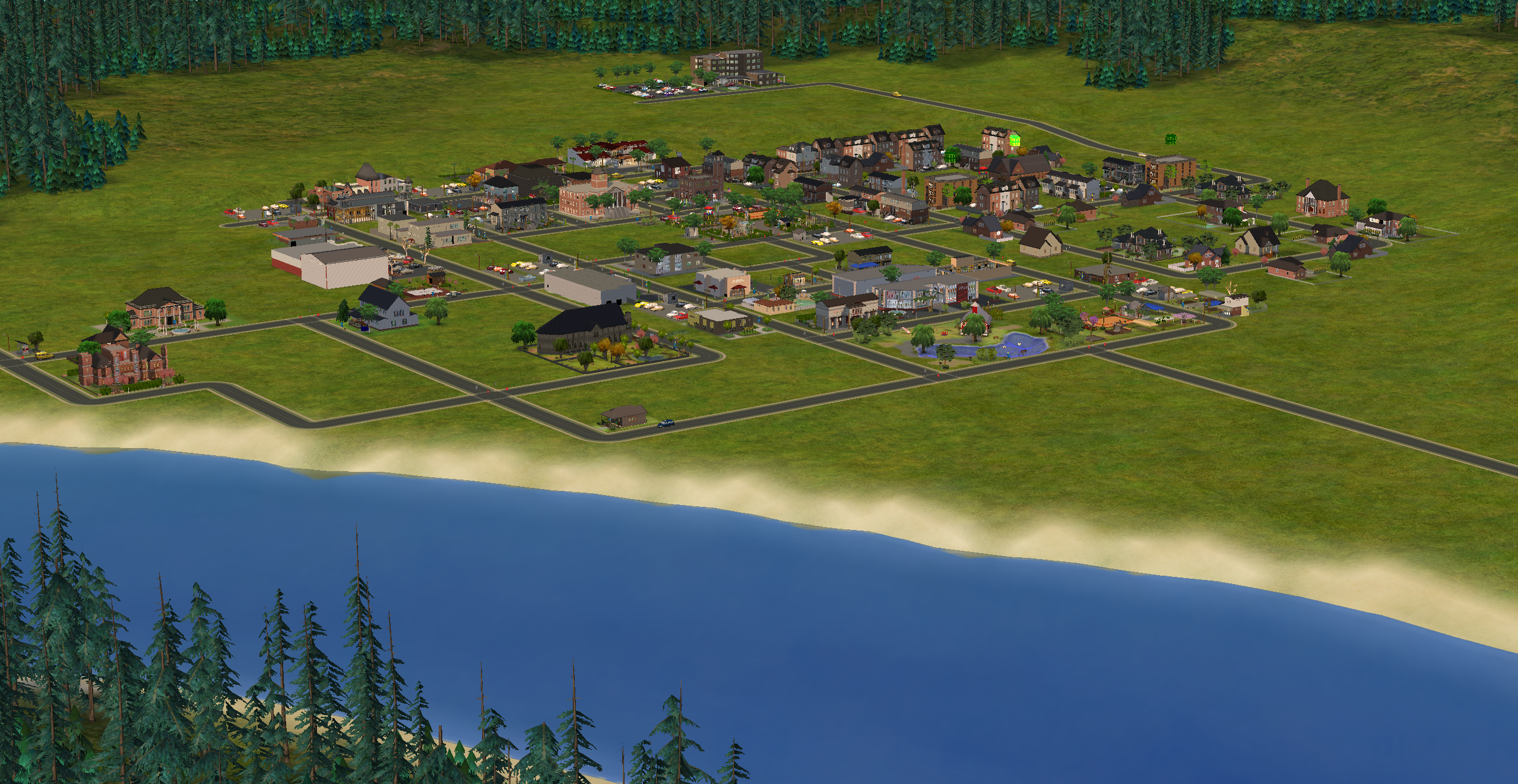 A screenshot from the game Sims 2 depicting what the town of St. Adelaide looks like. There are buildings collected in one main area, with a lake in the bottom left corner of the image and trees further away at the top of the image.